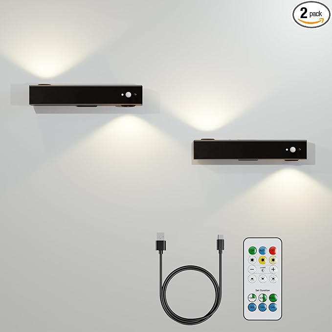 Motion Sensor Wall Light with Remote Control, Rechargeable Magnetic Wall Light, Wireless Motion Sensor Light Indoor Suitable for Hallway Light Room LED Night Light -2 Pack Black