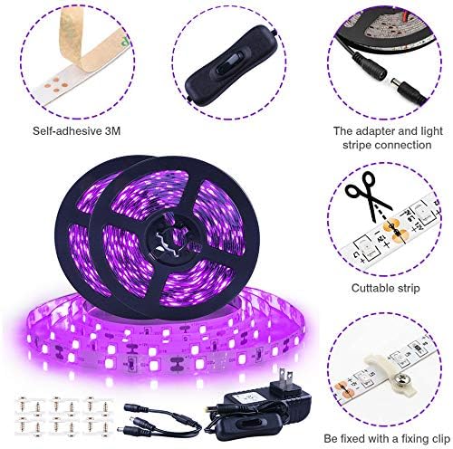 Ontesik 50ft LED Black Light Strip kit, 12V LED UV Blacklight, 900 LED Suitable for Family bedrooms, Party, Halloween, Dark Parties, Game Rooms, murals, Curing Tables, not Waterproof