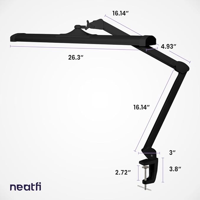 Neatfi Ultra 3,500 Lumens LED Desk Lamp – 45W, 26” Wide Metal Shade, 270 SMD LEDs, Shadow-Free | Adjustable Brightness | Non-Flickering Task Light for Nail, Craft & Office (Non-CCT with Clamp, Black)