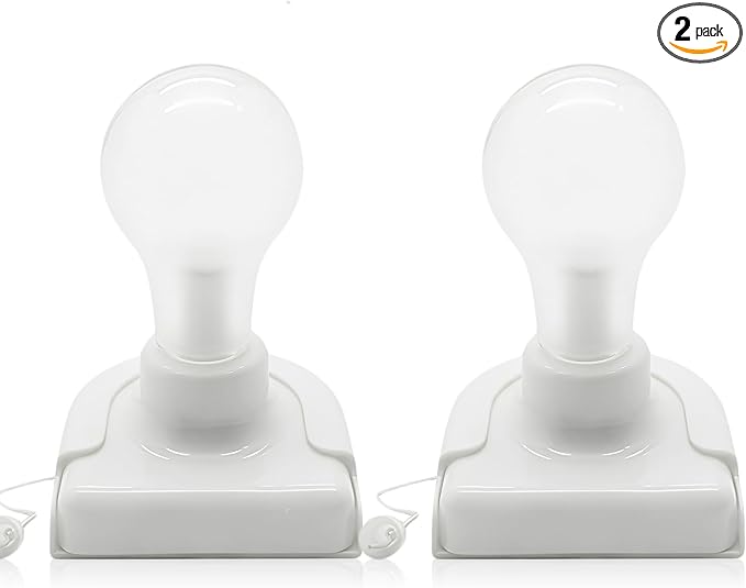 Stick-Up Light Bulb for Closet, 2Pack Battery Operated LED Light Bulb with Pull Chain, Wireless Self Adhesive Wall Mounted Lamp Fixtures for Cabinet Bedroom Living Room Kitchen, Clear Cover
