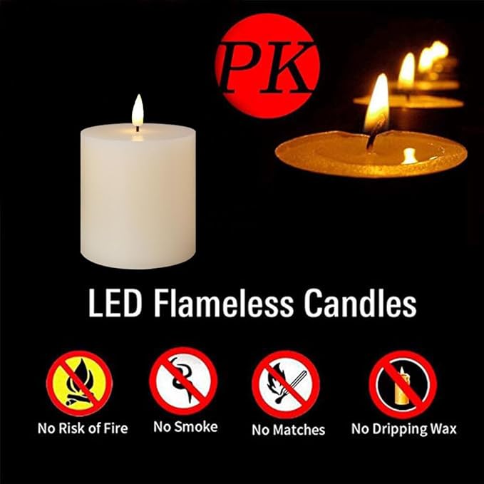 White Flameless Candles Set of 3 (3x3 inch) Real Wax Flickering LED Candles Battery Operated with Remote Control Timers for Fireplace Bedroom Livingroom Party Dimmable Pillars Flat top