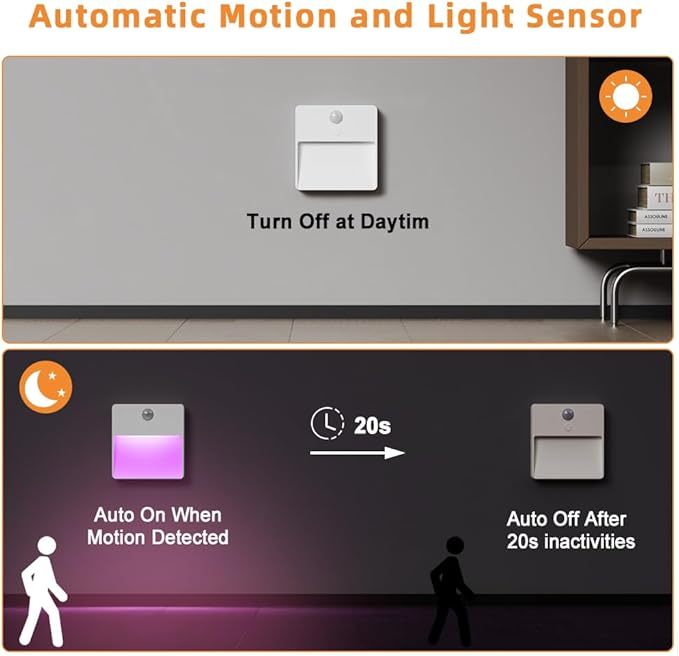 ASAWASA LED Motion Sensor Night Light, 7 Colors Rechargeable Magnetic Decor Wall Lights, Dimmable, Suitable for Bathroom hallways bedrooms Kitchen cabinets Staircase(2 Pack)