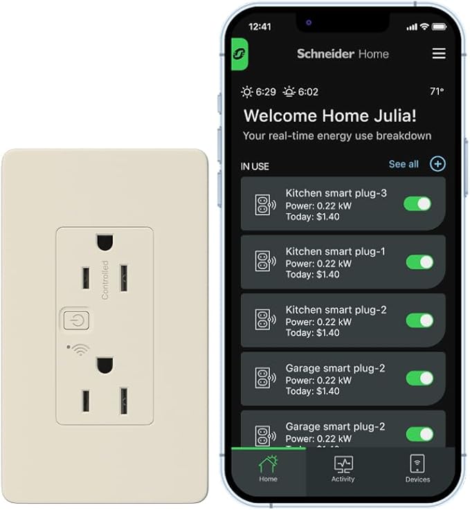 Square D by Schneider Electric X Series 15A 125V Wi-Fi Energy Monitoring Socket Outlet, Tamper Resistant, Needs Neutral Wire, Matter Certified, Works with Alexa, Google Home, Apple Home, Light Almond