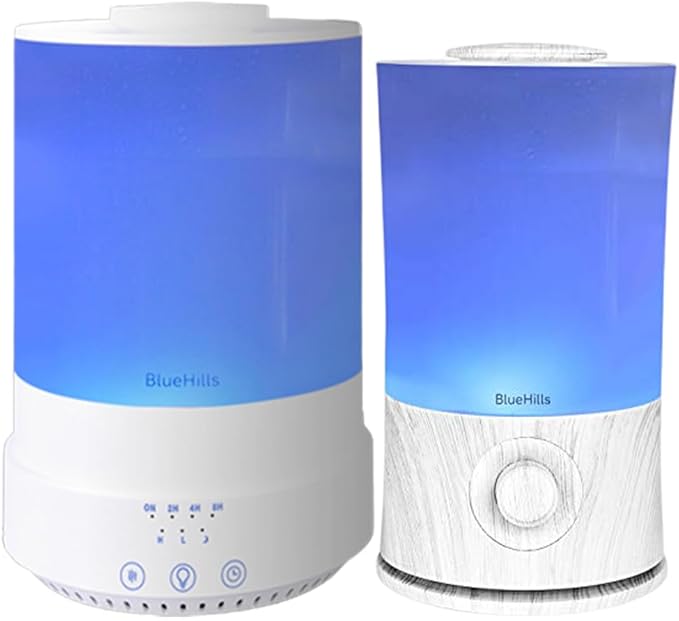 BlueHills Premium Large 2500 ML and 2000 ML XL Essential Oil Diffusers Humidifier Combo Set of 2 for Large Room Home with Décor LED Lights Great Gift – White and White Wood Grain