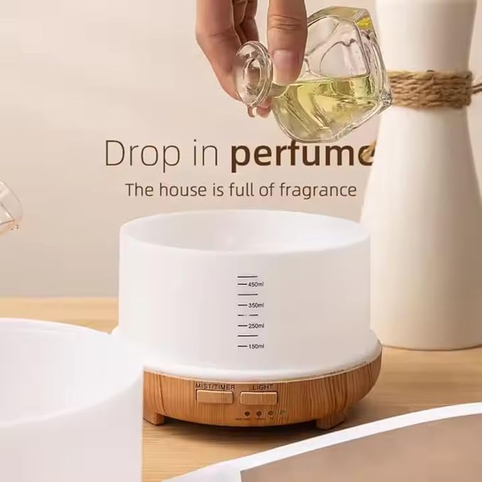 500ml Home/Office Aroma Diffuser, Essential & Fragrant Oil Vaporizer with Multi-Color Lighting for Night Stand, Desk, Table, Remote Control, Timer & Auto-Off Switch, Brown, Premium