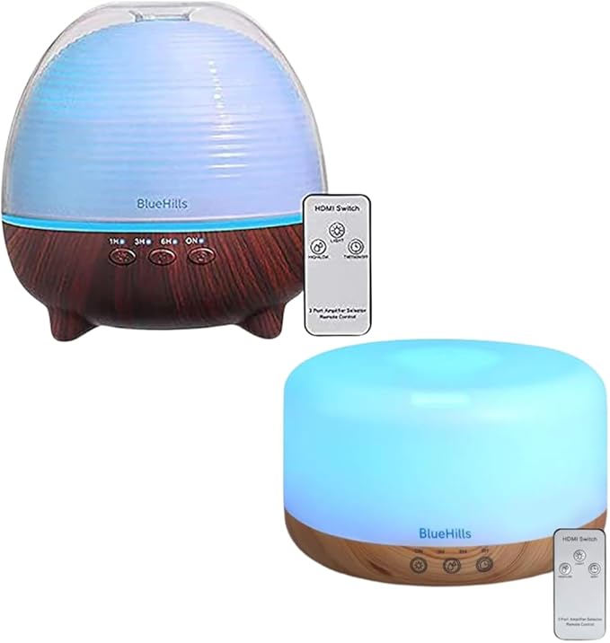 BlueHills Premium Set of Two Large 1000 ML XL Essential Oil Diffusers Humidifier Combo for Large Room Home with Décor LED Lights Great Gift – Value Pack of Dark Wood Grain and Wood Grain.