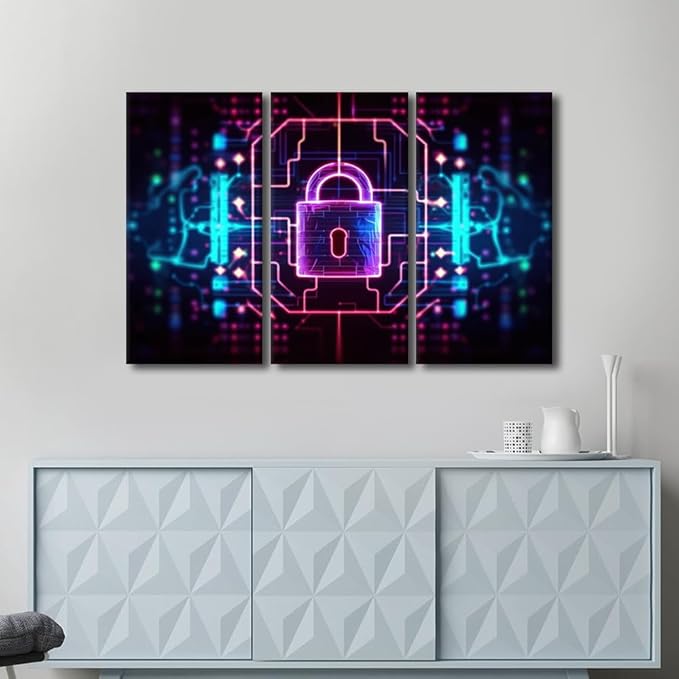 TUMOVO Modern Wall Art for Living Room 3 Panel Padlock on Technological Circuit Background with Neon Lights, Cyber Security Concept Pictures Print on Canvas for Living Room Decoration, 42" Wx28 H