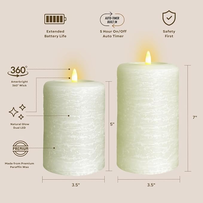 LumiPur Signature Natural Glow Flameless Wax Pillar 2 Pack LED Candle 3.5" x 5" and 3.5" x 7" Linen White