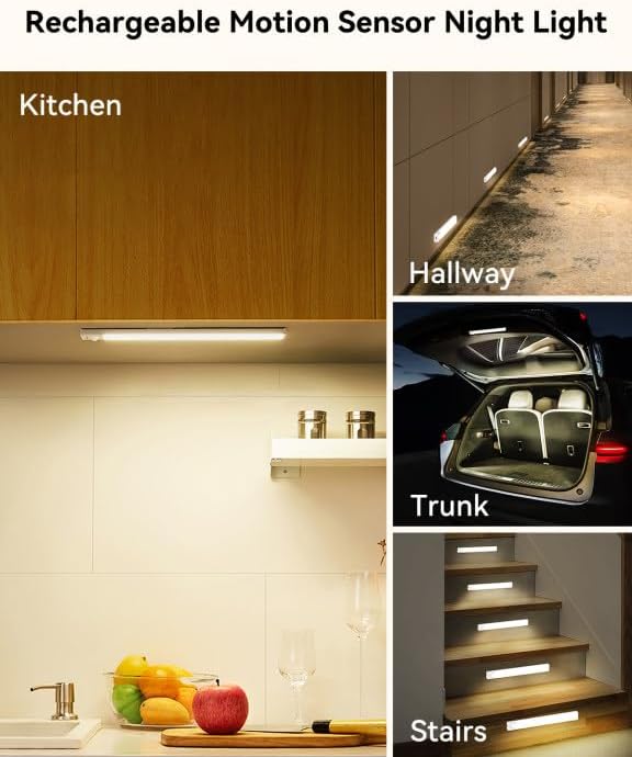 Under Cabinet Lighting 12 Inches Rechargeable Motion Sensor Light Indoor, 3 Color Dimmable Closet Light Battery Operated, USB Stick on LED Magnetic Under Counter Lights for Kitchen Stair, 6Packs