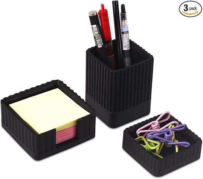 Desk Organizer Set of 3 for Office Accessories - Includes Pen Holder, Paperclip Storage, and Sticky Note Holder - Aesthetic Concrete Desktop Accessories for Women or Men, Office Decor (Black)