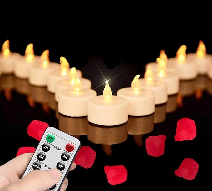 LED Tea Lights with Remote Control: Battery Operated Realistic and Bright Flickering Long Lasting 400+Hours Flameless Candles for Home Decor Holiday Wedding Party Valentine's Day(24Pcs WarmYellow)