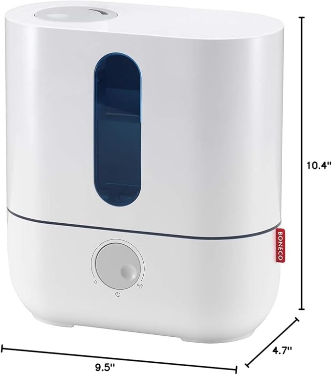 BONECO 1 Gallon Whisper Quiet Cool Mist Ultrasonic Humidifier for Large Room with LED Light, Control Knob, and Essential Oil Holder, White