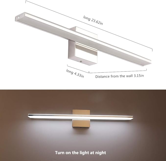 Chrome Bathroom Light Fixtures 24 Inch Bath Wall Lighting IP44 14W Vanity Lamp Bar Modern LED Lights for Vanity Rectangle Bathroom Lamps Over Mirror Acrylic Restroom Sink Light