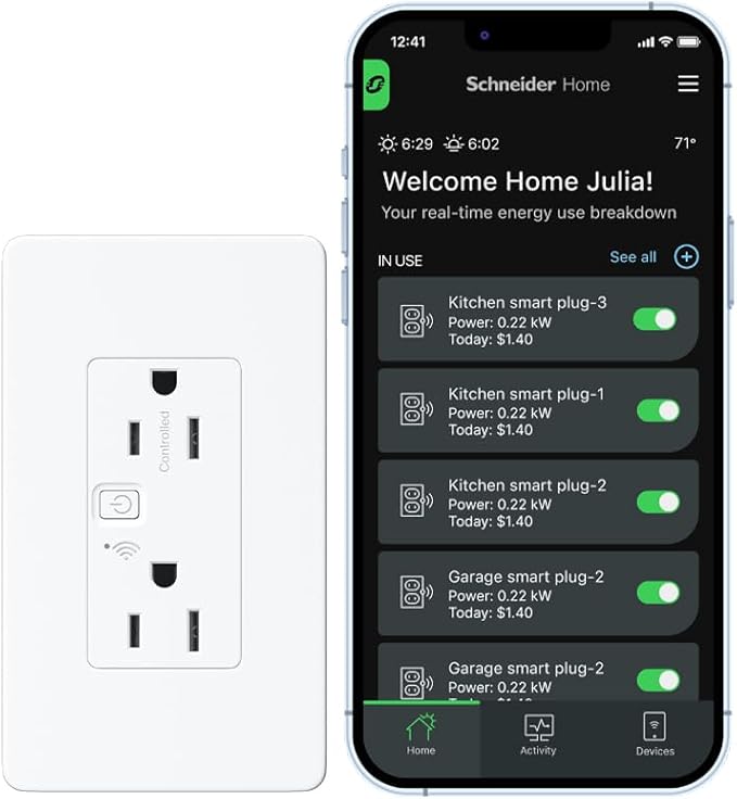 Square D by Schneider Electric X Series 15A 125V Wi-Fi Energy Monitoring Socket Outlet, Tamper Resistant, Needs Neutral Wire, Matter Certified, Compatible with Alexa, Google Home, Apple Home, White