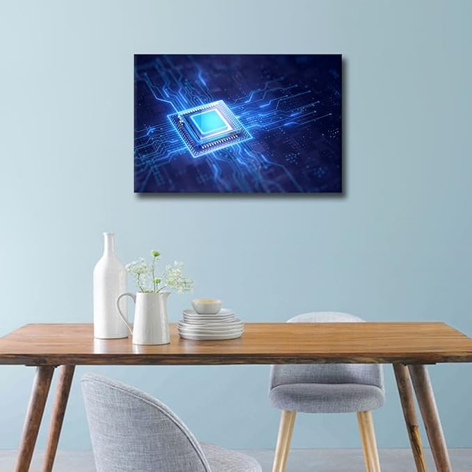 TUMOVO Glowing CPU Wall Art AI Pictures Print On Canvas Futuristic CPU Modern Artwork Circuit Board Wall Art for Living Room Office Giclee Gallery Posters and Prints Framed Ready to Hang, 24x16in
