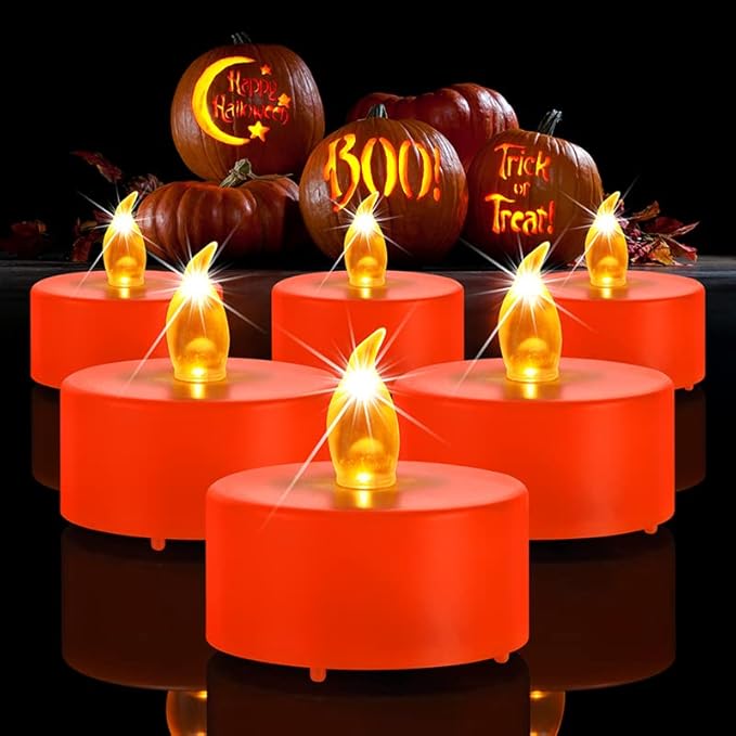 Battery Operated Tea Lights Candles: 24 Pack Realistic and Bright Flickering Holiday Gift Flameless LED Electric Candles for Seasonal & Festival Party Home Decoration Orange