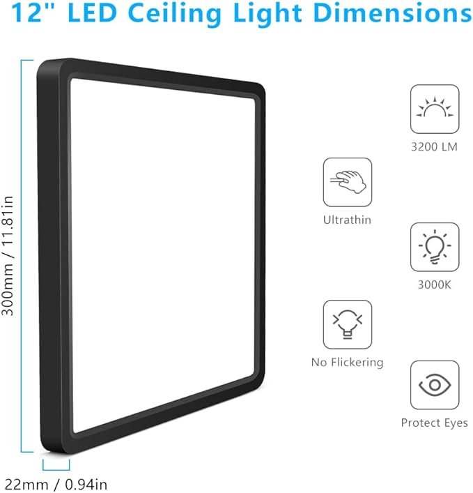 12Inch 24W Square LED Ceiling Light Fixtures Flush Mount, 3000K Warm White LED Ceiling Lamp, Surface Mount Modern Ceiling Lights, Slim Flat Panel Lighting for Bedroom, Kitchen, Bathroom Etc.Black