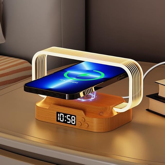 Donewin Small Nightstand Lamp with Wireless Charger,Cute Bedside Lamp with Clock,Small Table Lamp for Bedroom,Mini Night Light for Bedroom,Tiny Light as Gift,Stepless Dimmable,3 Color Modes