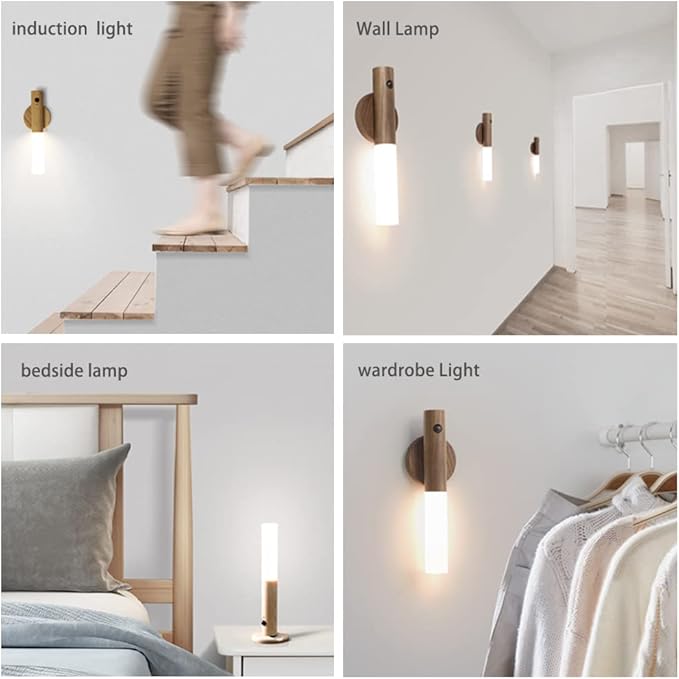 Wooden LED Night Lights Motion Sensor Indoor Magnet Body Rechargeable Wall Mounted Torch Light for Bedroom, Hallway, Stairway and More(White Ash Wood 2PCS)