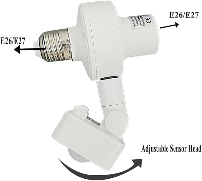 2 Pack Motion Sensor Light Sockets,Motion Activated Socket Adapter, E26/E27 Adjustable Sensor Head Security Light Bulb Socket for Garage,Hallway,Pantry Room,Laundry Room