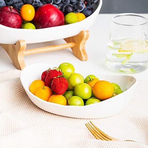 3 Tier Fruit Bowl Stand with Bamboo Frame and White Porcelain Bowls, Elegant Countertop Organizer for Fruits, Snacks and Desserts, Stylish Kitchen and Dining Decor