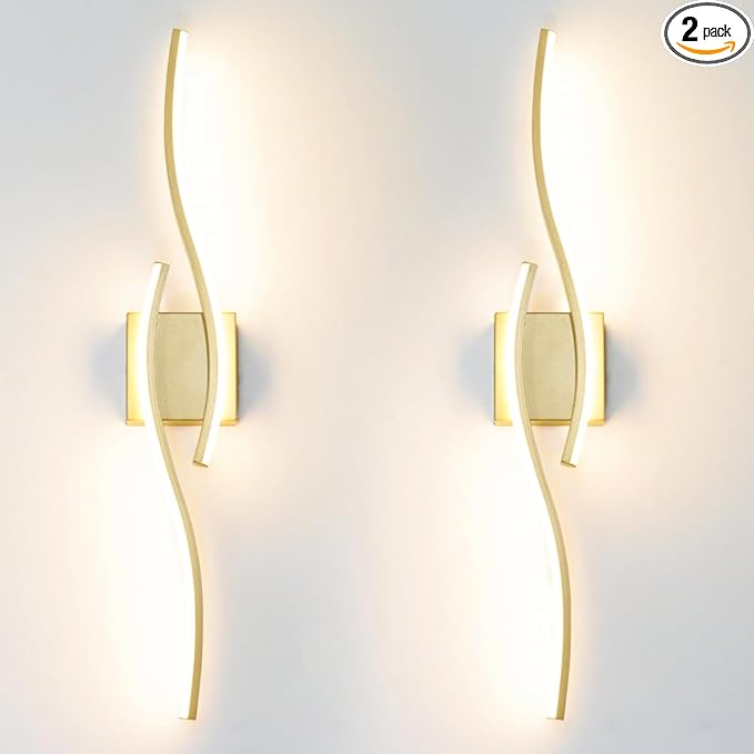 Modern Gold Wall Light Fixture Set of 2, RC Dimmable LED Wall Light Indoor, LED Wall Decor for Hallway Bedroom Living Room, Hardwired Wall Sconce with Remote Control, 27.56" in, Timer, Memory