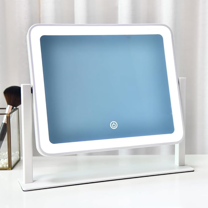 Rechargeable Vanity Mirror with Lights,14"x12"LED Lighted Makeup Mirror,Large Makeup Mirror with Lights,Touch Screen with 3-Color Lighting,Dimmable,for Vanity Desk Tabletop,Bedroom