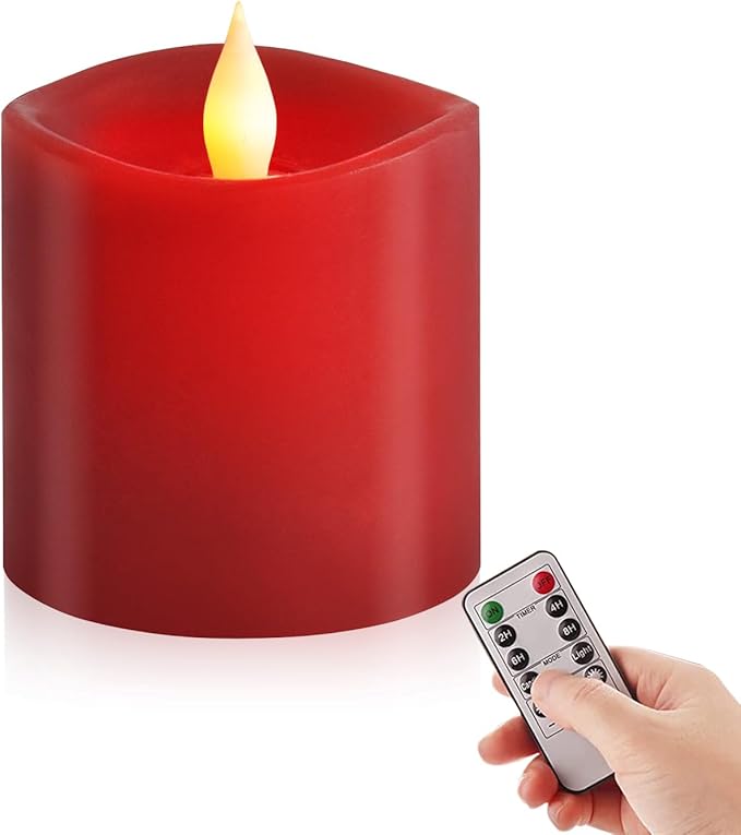 3x3 Flickering Flameless Candles Set of 1, 2AA Battery Life 600 Hours Battery Candles Flickering with Timer, 3 inch Flameless Candles with Remote for Indoor/Outdoor, Red