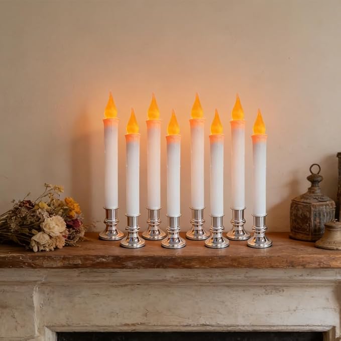 8 Pack 9" LED Candle Lights with Dusk to Dawn Sensor, Silver Base Battery Powered Flameless Candles for Indoor Table Party Decor