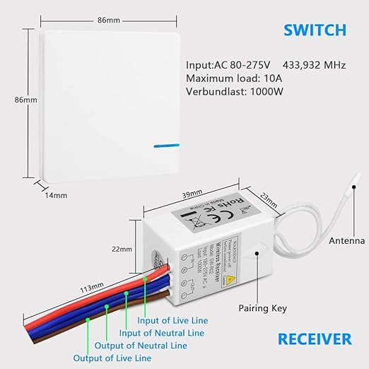 Thinkbee Wireless Light Switch Kit, Remote Wall Switch with Mini Receiver, IP66 Waterproof, Outdoor 1969ft Indoor 130ft for Ceiling Lights Lamps
