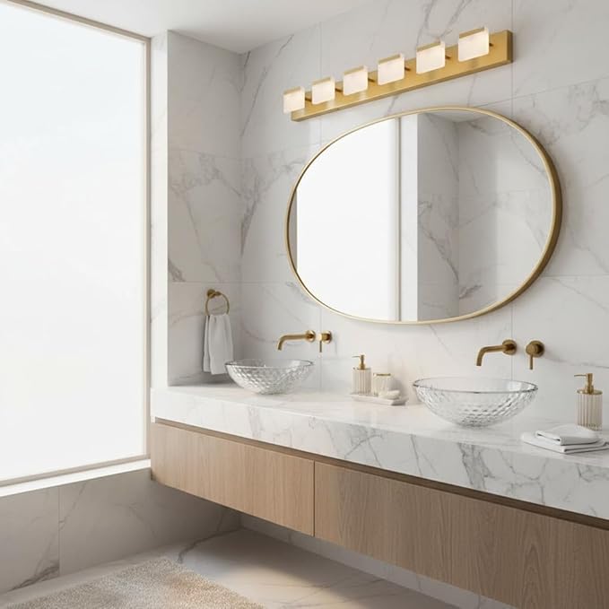 MEGAWISE Modern White LED Vanity Light, (3000K/4000K/6000K, Dimmable), Modern Waterproof Mirror Front Light for Bathroom, Makeup & Vanity Lighting (Gold, 6 Lamps)
