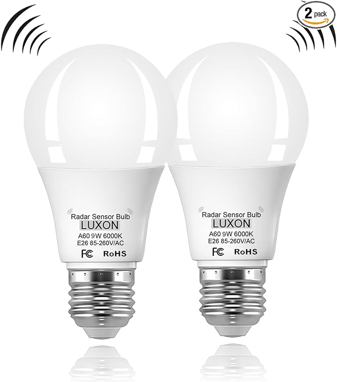 LUXON Radar Motion Sensor Light Bulbs,Dusk to Dawn LED Bulbs 9W 6000K Cool White,A19 E26 Base Night Lights Auto On/Off for Indoor Outdoor Basements, Porch,Courtyards, Garage Pack of 2