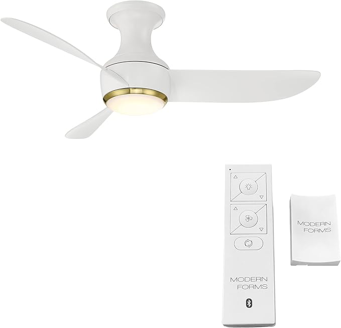 Corona Smart Indoor and Outdoor 3-Blade Flush Mount Ceiling Fan 44in Satin Brass White 2700K LED Light Kit and Remote Control worksworks with Alexa and iOS or Android App