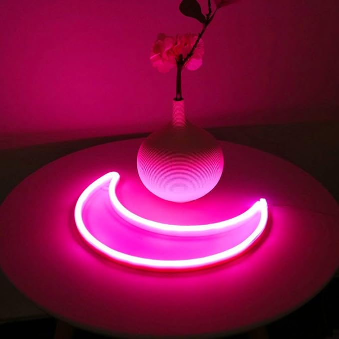 YAOZHOU LED Pink Moon Neon Light, Cute Neon Moon Sign,Christmas Room Decor Battery or USB Powered 5V Art LED Decorative Lights Night Lights Indoor for Home, Bedroom, Office,Dorm,Party (Pink Moon)