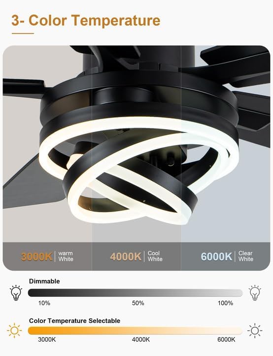 52" Chandelier Fan Black Modern Ceiling Fan with Lights DC Motor Reversible Indoor Ceiling Fan for Bedroom, Living Room