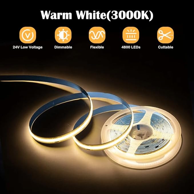50ft 3000K DC 24V COB LED Strip Light ETL Listed, 0-100％ Brightness Dimmable Bright Warm White Led COB Strip Light, Led Strip Light for Stair, Cabinet, Room(Include AD/DC Adapter and Remote)
