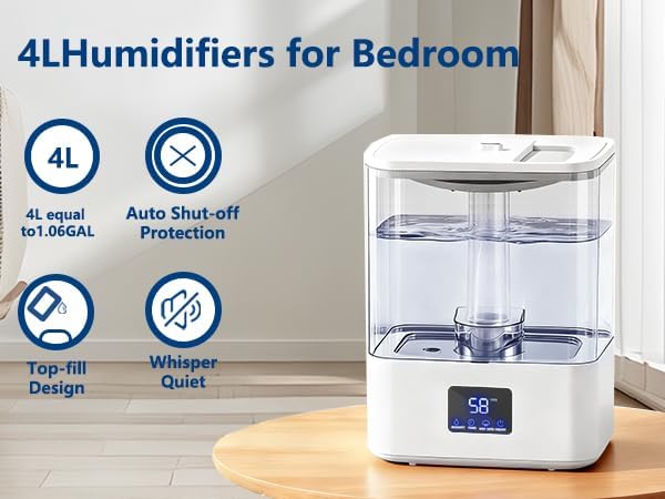 KZF 4L Top Fill Humidifiers for Bedroom & 60H Runtime - Cool Mist Humidifier, 3 Mist Levels, 8H Timer, Essential Oil Tray, Humidity Display, Quiet for Bedroom, Baby, Plants, Large Room (White, 4L)