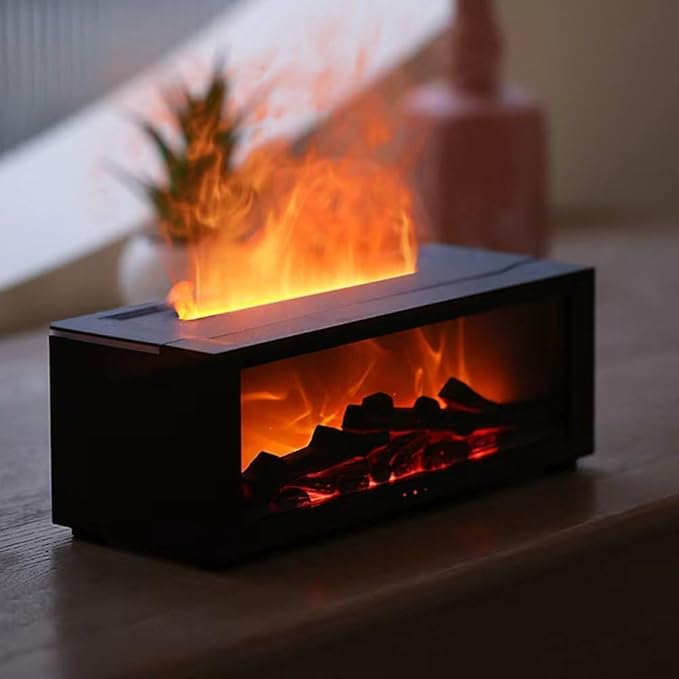 Fireplace Aroma Diffuser Humidifier, 7 Color Changing Essential Oil Diffuser with Realistic Flame Effect, Ultrasonic Quiet Aromatherapy Humidifier for Bedroom, Office, Home, Yoga Meditation (Black)