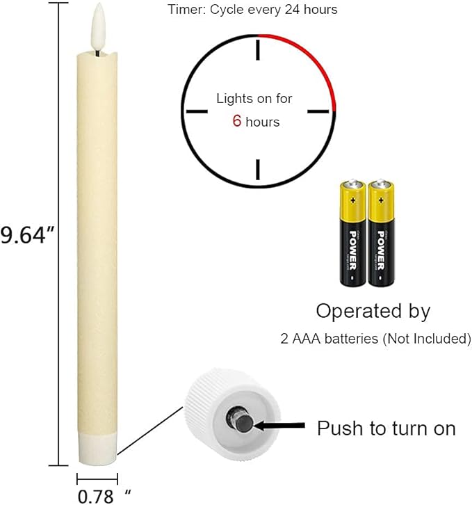 Wondise Ivory Flameless Taper Candles with Timer, 6 Pack Battery Operated LED Flickering 3D Flame Real Wax Candle, Halloween Christmas Thanksgiving Fireplace Decorations