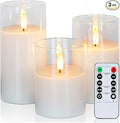 Amagic Clear Glass Flameless Candles Battery Operated with Timer, Remote Control, LED Pillar Candles, Battery Powered, Valentine's Day Decor, Pure White Wax, Set of 3