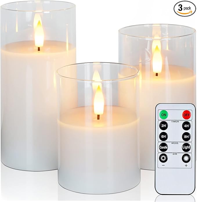Amagic Clear Glass Flameless Candles Battery Operated with Timer, Remote Control, LED Pillar Candles, Battery Powered, Valentine's Day Decor, Pure White Wax, Set of 3