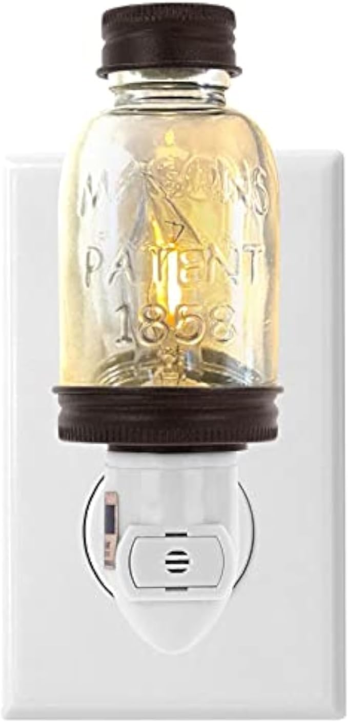 Autumn Alley Rustic Mini Mason Jar Night Light in Bronze | Auto On/Off Sensor | Plug in Farmhouse Wall Decor | Cute Country Night Light | Energy Efficient LED Bulb | Timeless Design