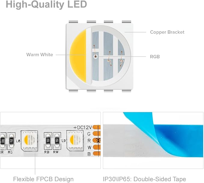 BTF-LIGHTING 5050 RGBW RGB+Warm White(2700K-3000K) 4 Colors in 1 LED Tape Light DC12V 5m 16.4ft 60LED/m Multi-Colored IP30 White 12mm PCB for Bedroom Kitchen Home Decoration(No Adapter or Controller)
