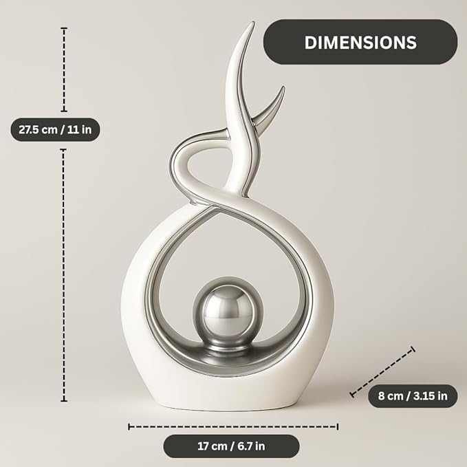 White & Silver Abstract Ceramic Ornament – Modern Decorative Sculpture for Living Room, Shelf & Coffee Table Decor – Minimalist Home Décor Accent, Table Centerpiece Gift