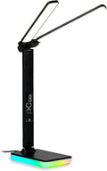 LED Desk Lamp with Wireless and Wired Charging, Foldable Table Light, 5 Brightness and 3 Lighting Modes, Time and Temperature Display, RGB Night Light, USB Powered (Double Head Black)