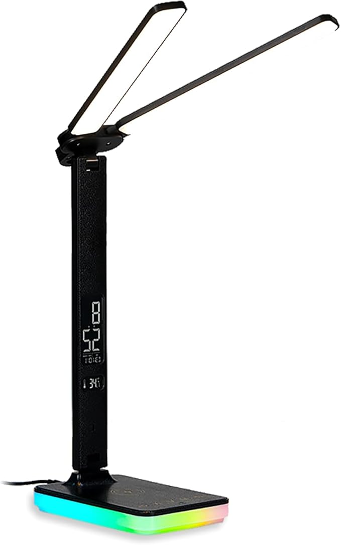 LED Desk Lamp with Wireless and Wired Charging, Foldable Table Light, 5 Brightness and 3 Lighting Modes, Time and Temperature Display, RGB Night Light, USB Powered (Double Head Black)