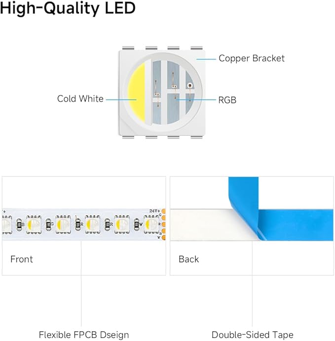BTF-LIGHTING 5050 RGBW RGB+Cool White(6000K-7000K) 4 Colors in 1 LED 5m 16.4ft 96LED/m DC24V Multi-Colored LED Tape Lights IP30 Non-Waterproof Wihte PCB for Home Decoration(No Adapter or Controller)