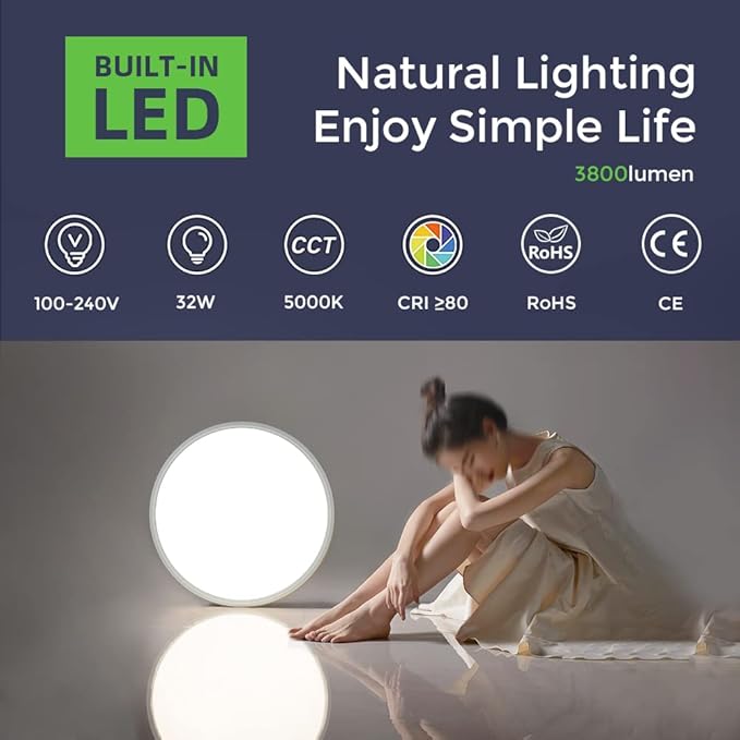 LightingWill 15.7 Inch LED Flush Mount Ceiling Light Fixture, 5000K Daylight White, 3800LM, 32W, Flat Modern Round Lighting Fixture, 320W Equivalent White Ceiling Lamp for Kitchens, Bedrooms.etc.
