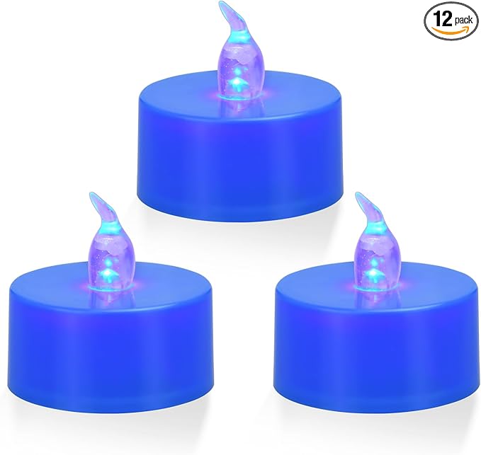KOABY 12 Pack Blue Light Non-Flickering Flameless Tea Lights, Blue Base, Last 100H+, Battery Operated Tea Lights for Decor