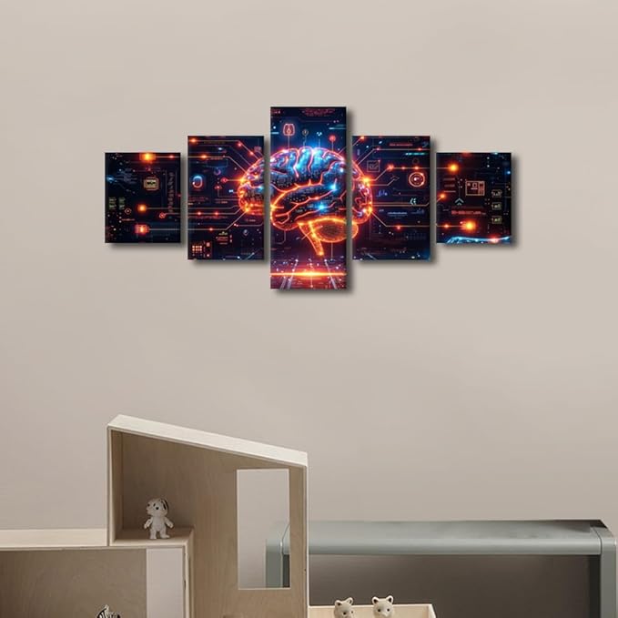 5 Panel Bedroom Wall Decor House Decorations Living Room Wall Decor Neural Network Canvas Wall Art Futuristic Technology Posters for Room AI Artwork Home Decor Wooden Framed Ready to Hang 50"Wx24"H